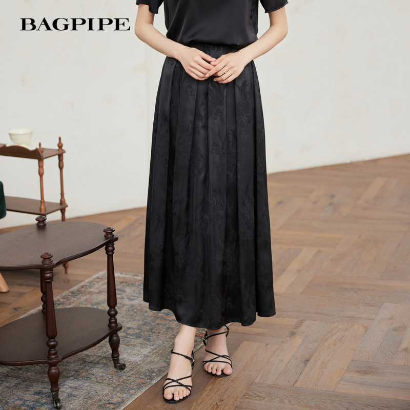 バグパイプ 2025年夏新作 レディース サテンジャカード プリーツスカート ダーク柄 中国風 エレガントなロングスカート