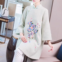 Phong cách retro Trung Quốc thêu phụ nữ áo len dài giữa mùa thu 2020 mùa đông và mùa đông áo khoác tweed phong cách dân tộc mới - Trung bình và dài Coat