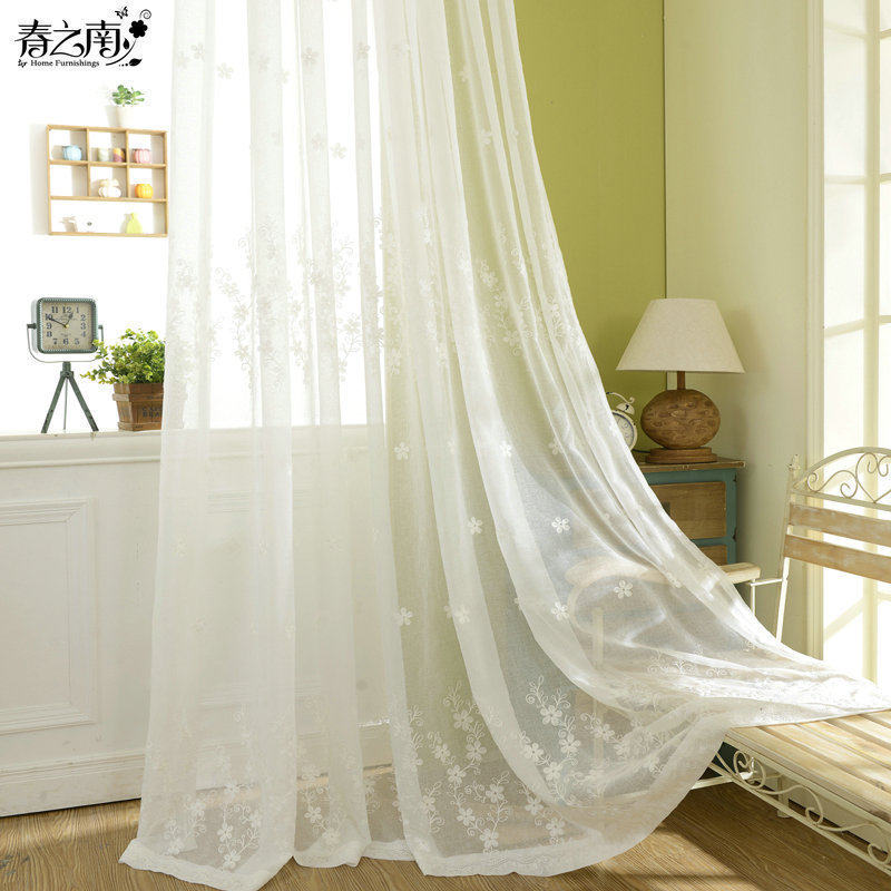 Modern simple cotton and linen style embroidered window screen white gauze curtain living room bedroom balcony gauze curtain garden finished custom curtains