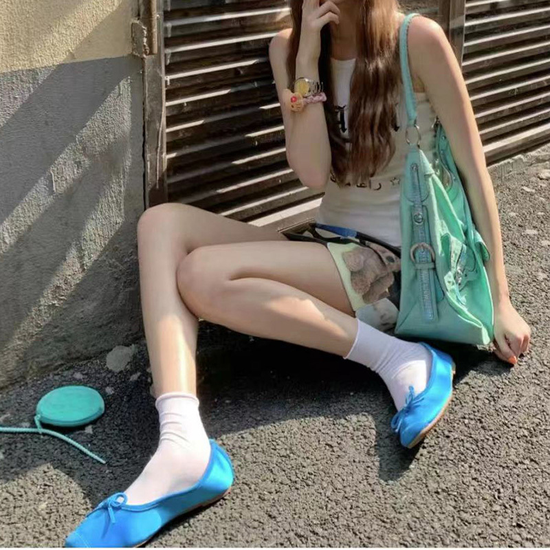 Korean ins Satin French-Style Women's Shoes 2026 New Bow Ballet Flat Shoes Shallow Mouth Granny Shoes