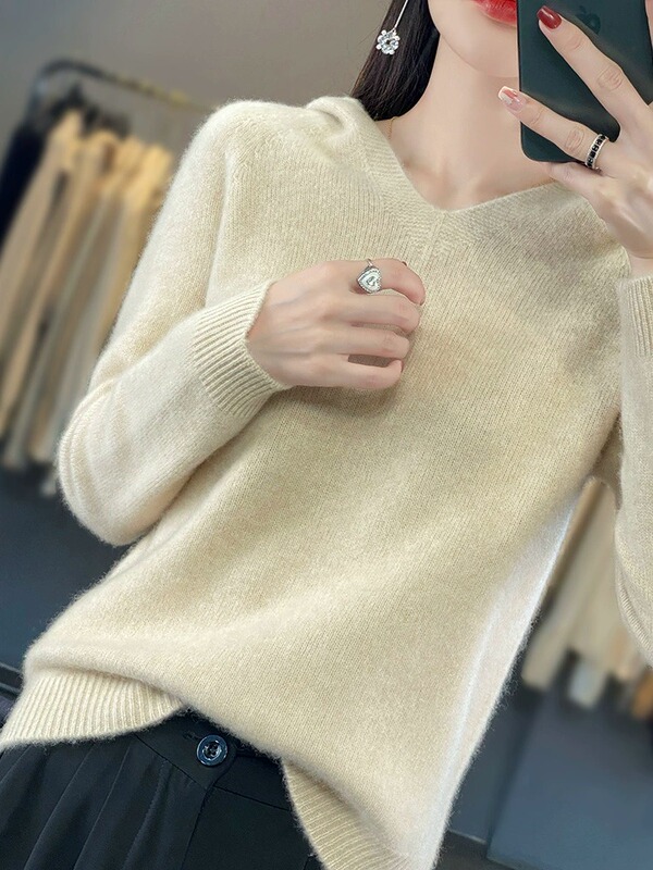 First-Line Ready-To-Wear 100% Solid Color Wool Sweater for Women, Hooded Knit Sweater, 2023 New Style Sweatshirt with Hood