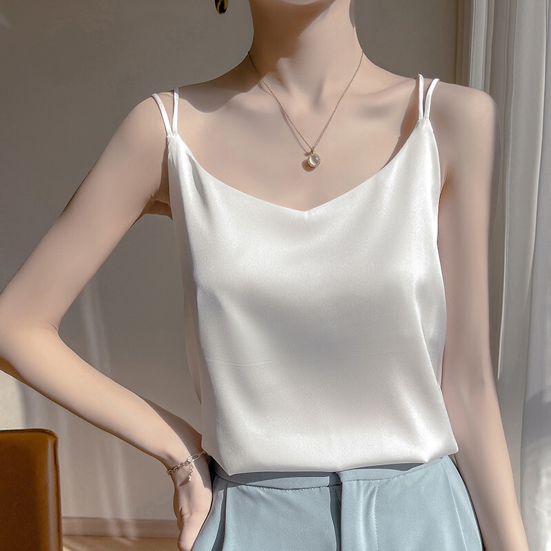 Silk Camisole for Women, White Backless Acetate Top, Satin Summer Blazer, Mulberry Silk Base Shirt
