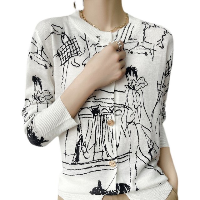 Autumn new worsted ultra-thin micro-permeable wool knitted cardigan women's niche design cashmere graffiti sweater coat