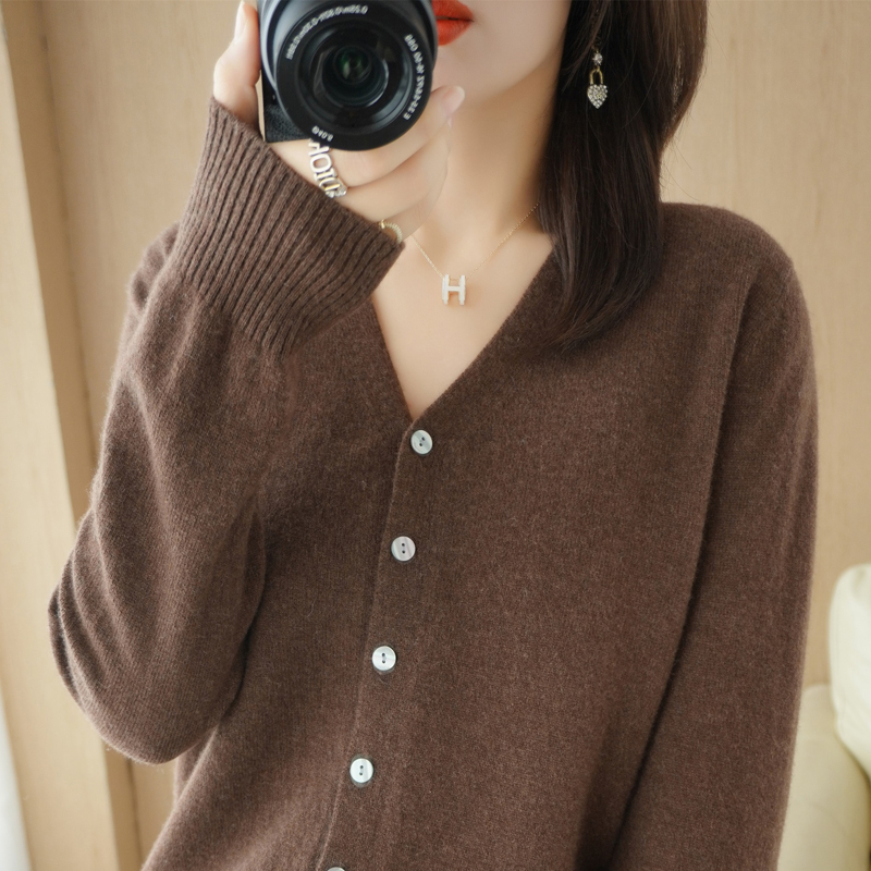 Coffee-Colored Elegant Cardigan Jacket for Women, Knitted Sweater with V-Neck and Long Sleeves, New Spring and Autumn 2025 Outerwear Sweater