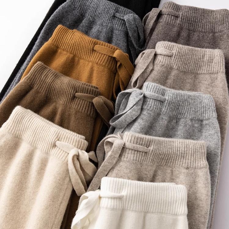 Soft Wool Pants for Women, Autumn and Winter High-Waisted Wide-Leg Pants, Cashmere Loose Knit Straight-Leg Outerwear, Thickened and Fleece-Lined Long Pants