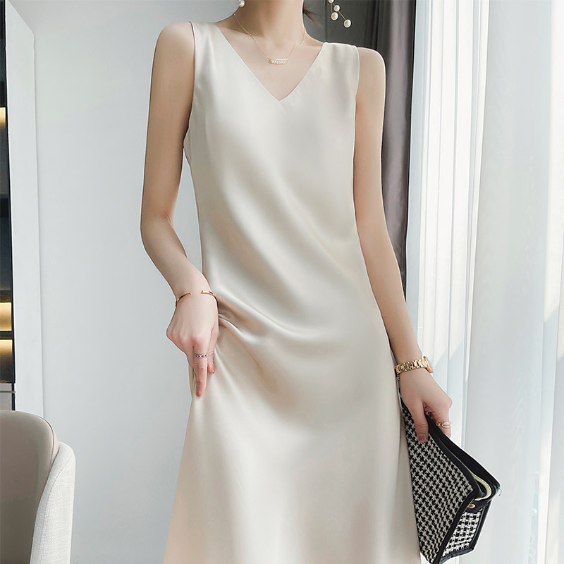 High-End Silk Slip Dress for Women, Spring and Summer Acetate Satin Mid-Length Dress, Silk Sleeveless Inner Layer, Elegant Style