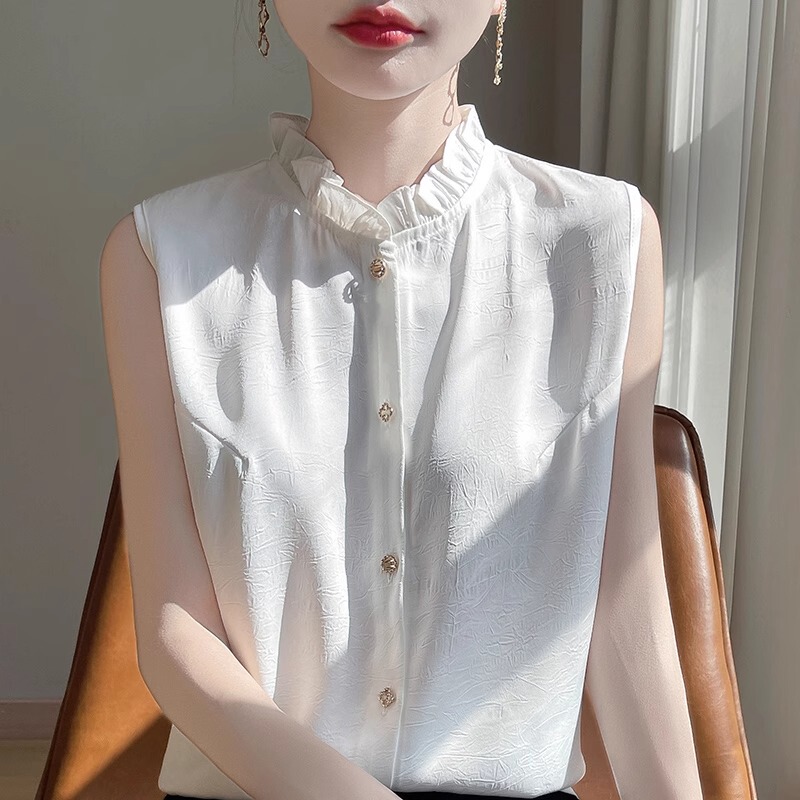 Chanel-Style Ruffled Satin Sleeveless Shirt with Lace Collar, White Outerwear, Lace Vest Cardigan
