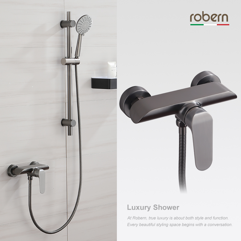 robern gun grey shower tap hot and cold full copper water mixing valve tap shower suit for home bath nozzle