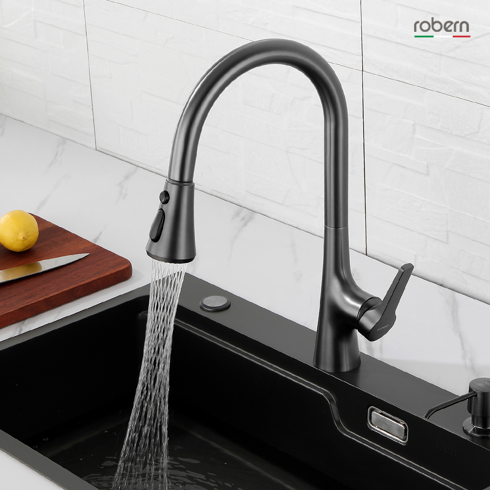 robern gun ash full copper pull-out kitchen tap hot and cold wash basin telescopic sink tap wire drawing rust 