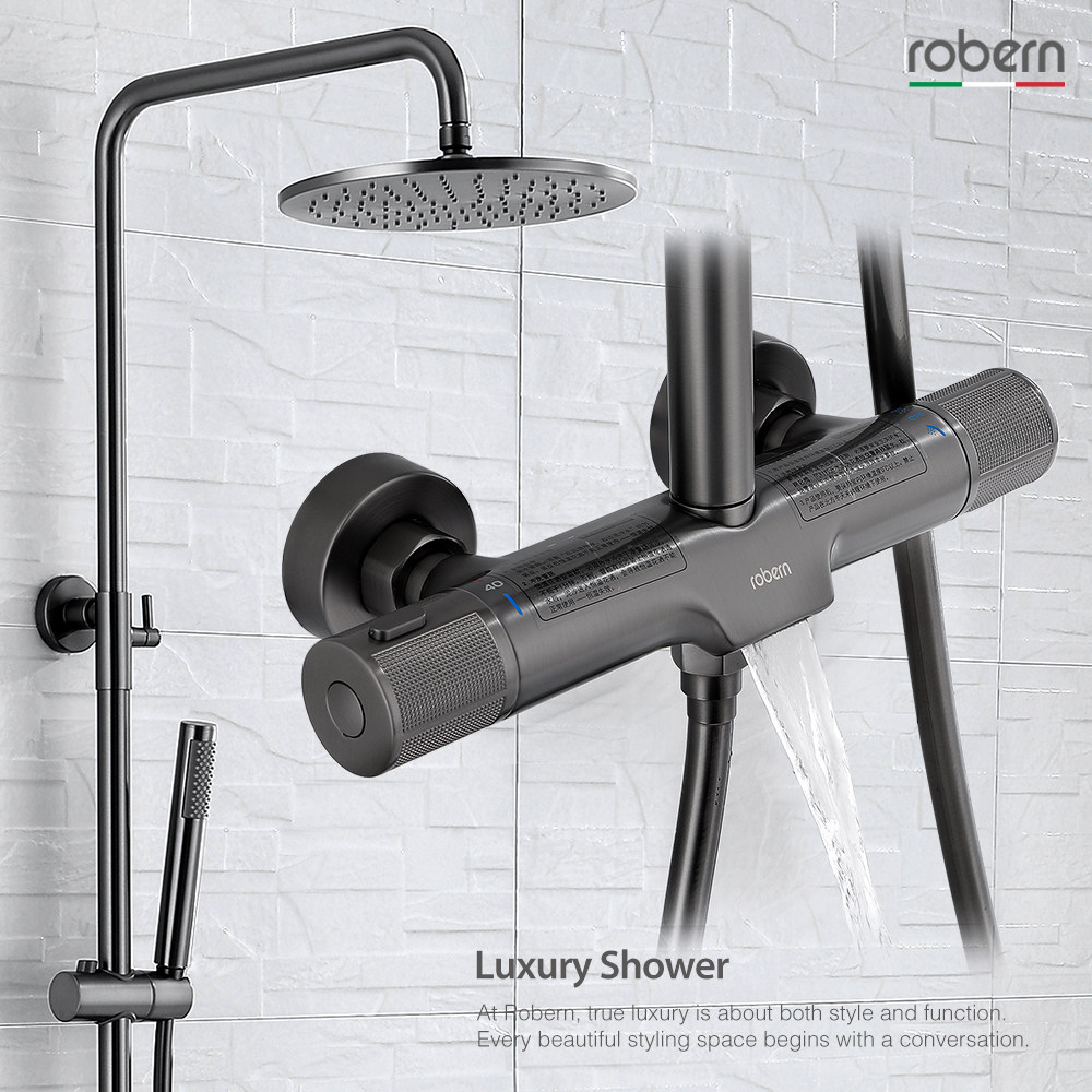 robern gun grey full copper thermostatic shower head shower set shower waterfall tap body wash shower nozzle Home 