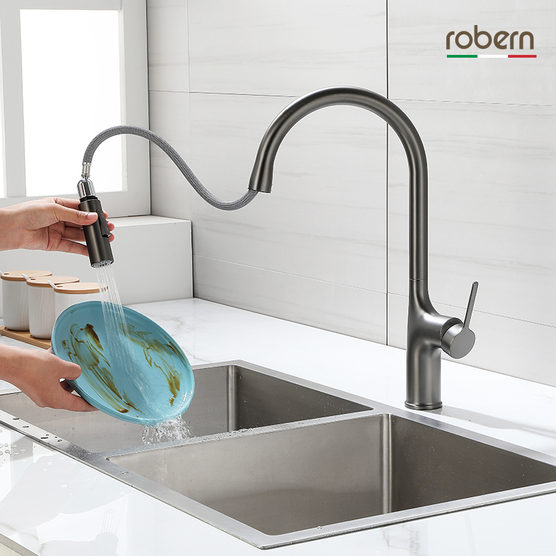 robern wire drawing gun grey full copper pull-out kitchen tap hot and cold vegetable basin sink sink tap black