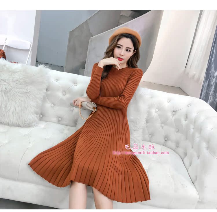 Dài tay đan váy nữ Hàn Quốc phiên bản 2018 new slim slimming một từ mùa thu và mùa đông áo len bên trong dưới váy váy chữ a dáng dài