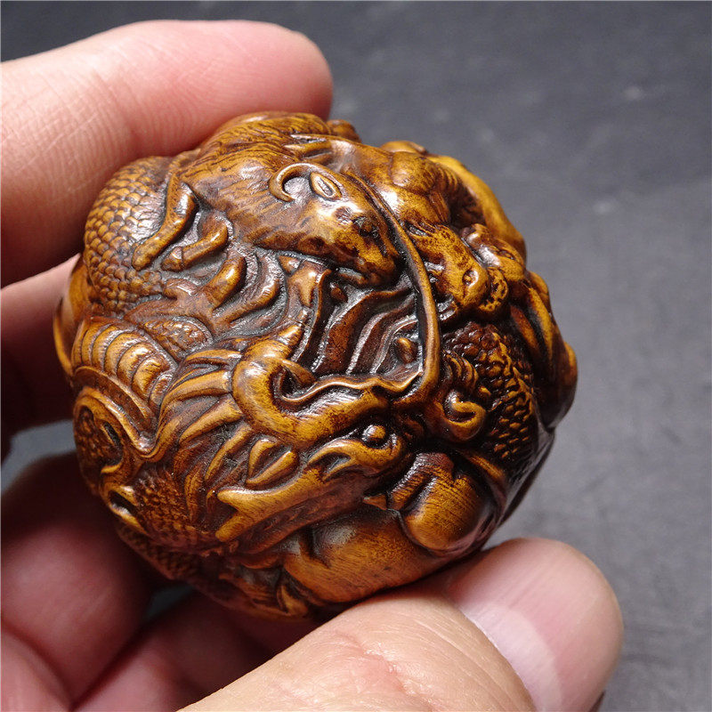 Yellow Flowers Pear Wood Carving Fitness Handball Walnut Health Care Balls Yellow Poplar Wood Practice Hand Ancient Wood Grain Carved Antique Old Objects