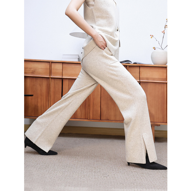 Kaka Paris Show Style High-Latitude Cashmere Fashionable Versatile Elastic Waist Side Slit Warm Knitted Straight-Leg Pants for Women