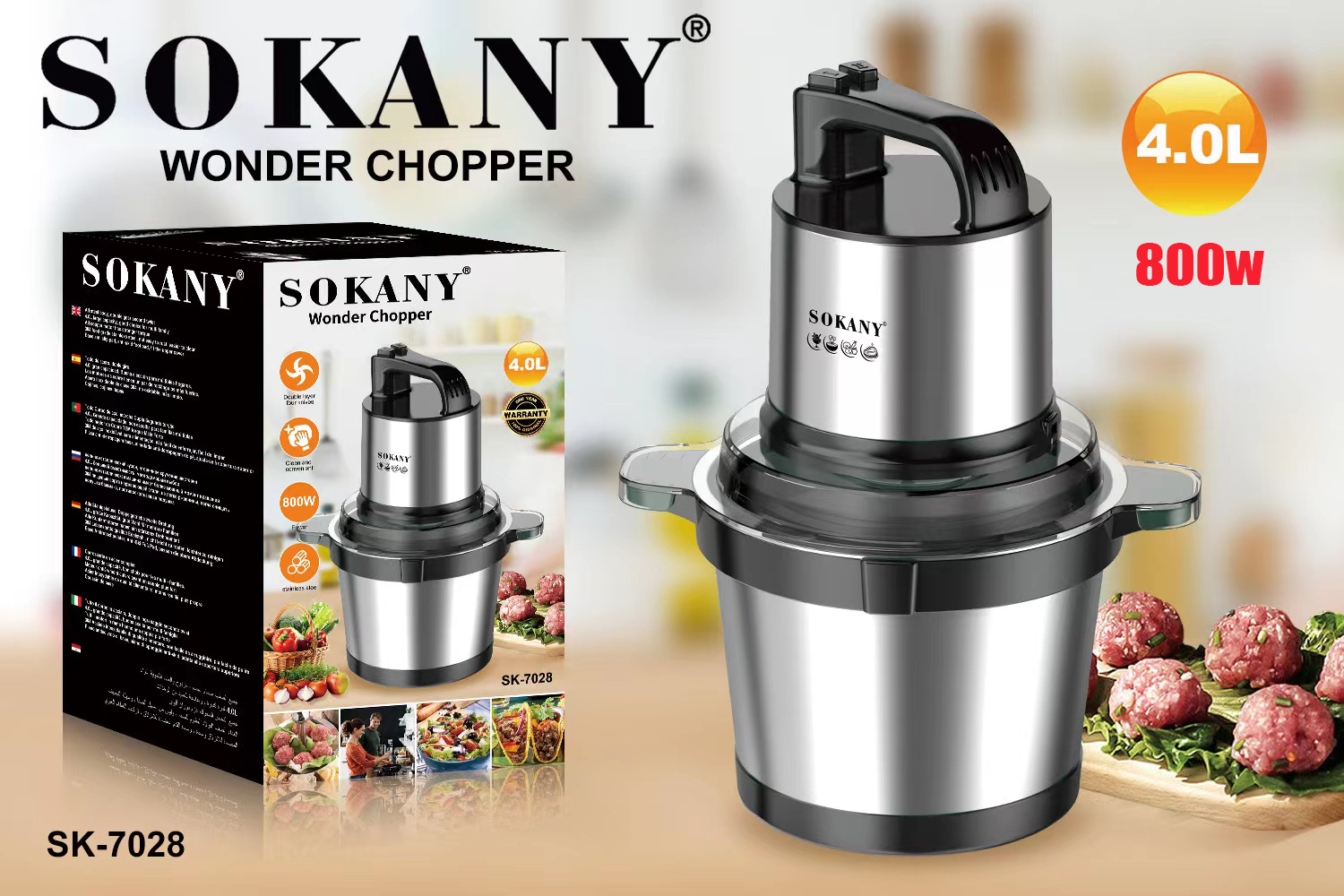 Sokany high-power large-capacity meat grinder household electric filling stainless steel meat mud machine minced vegetables meat fish balls