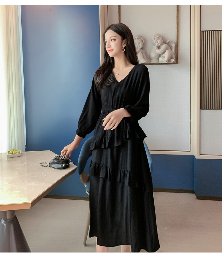 VK旗艦店 韓國風超仙收腰顯瘦荷葉邊蛋糕長版長袖洋裝