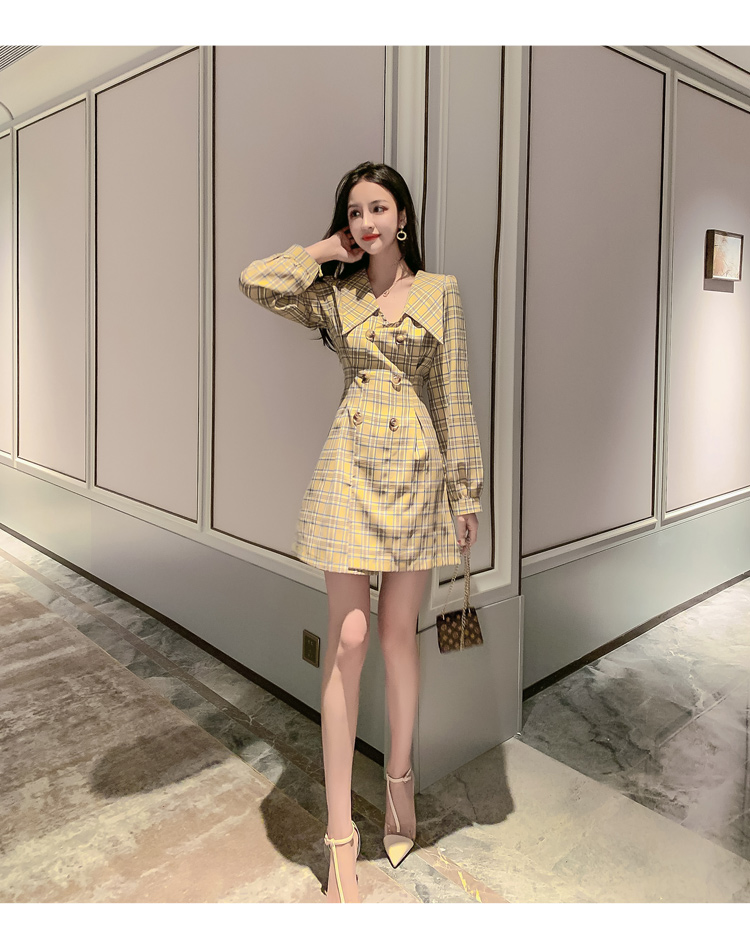VK旗艦店 韓系西裝V領雙排扣收腰格子西裝短版長袖洋裝