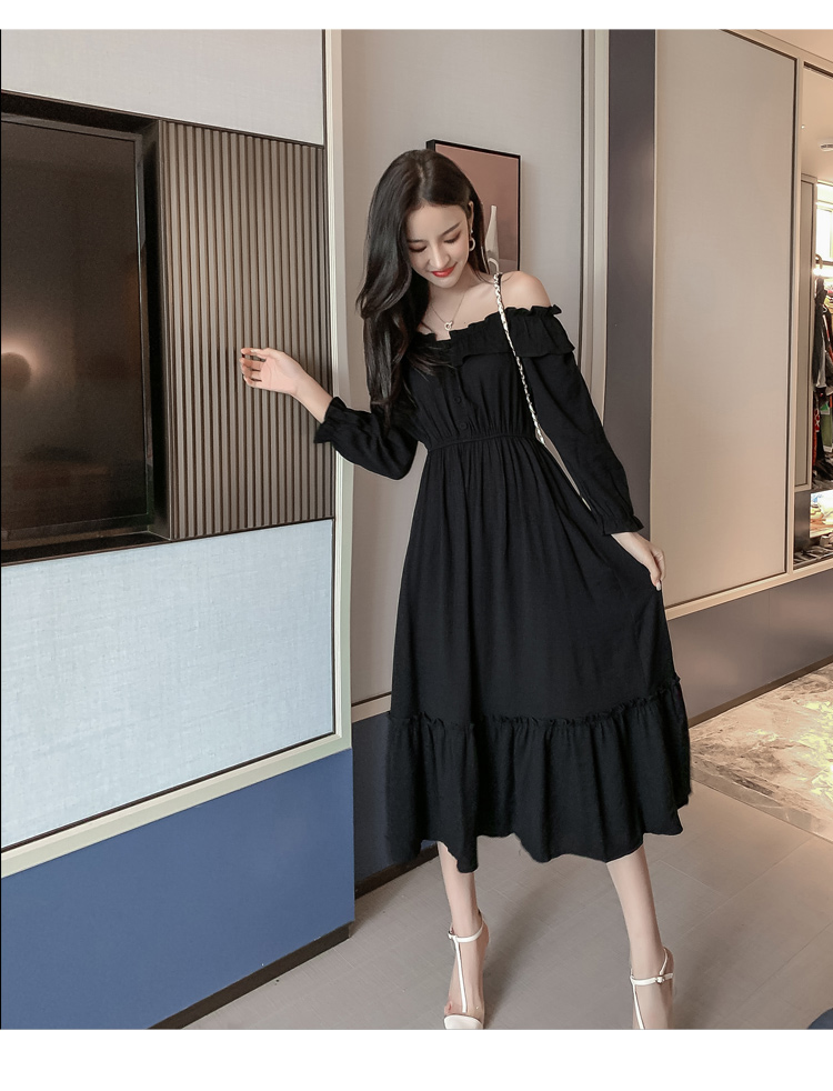 VK旗艦店 韓系超仙細肩帶一字領收腰長版顯瘦長袖洋裝