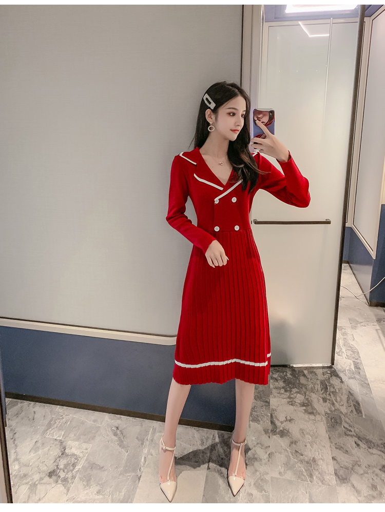 VK旗艦店 韓系西裝領收腰小香風百褶針織長袖洋裝