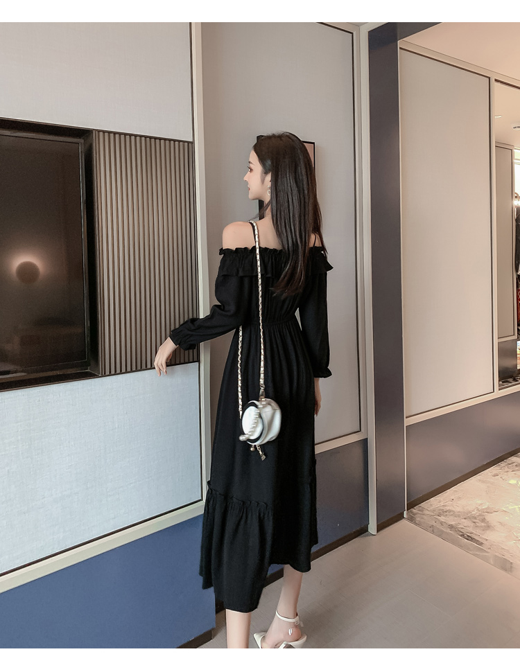 VK旗艦店 韓系超仙細肩帶一字領收腰長版顯瘦長袖洋裝