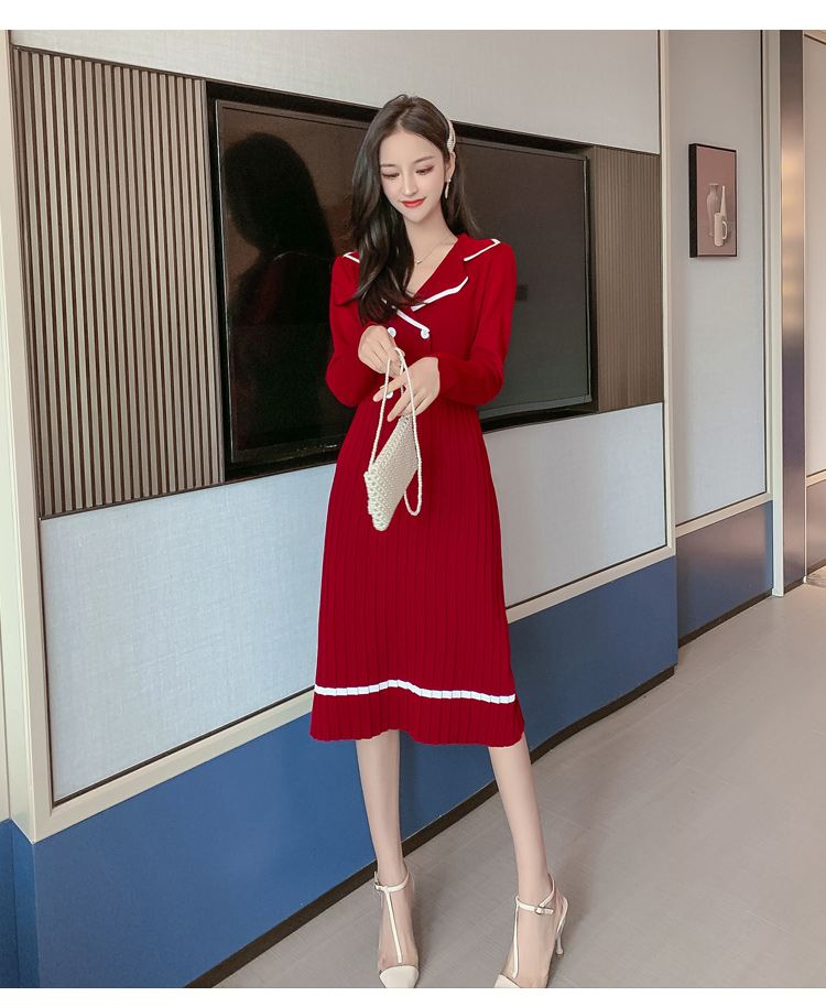 VK旗艦店 韓系西裝領收腰小香風百褶針織長袖洋裝