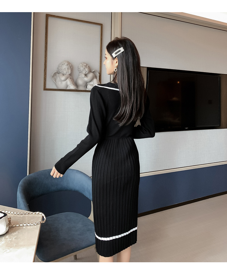 VK旗艦店 韓系西裝領收腰小香風百褶針織長袖洋裝