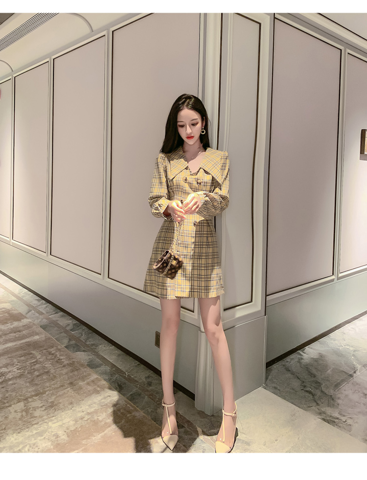 VK旗艦店 韓系西裝V領雙排扣收腰格子西裝短版長袖洋裝