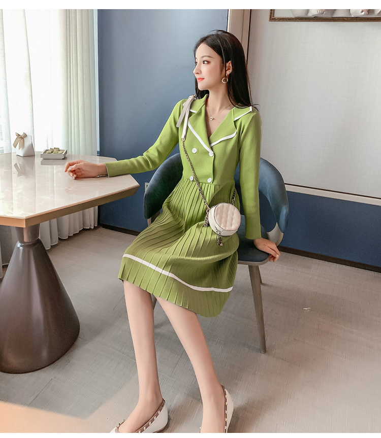 VK旗艦店 韓系西裝領收腰小香風百褶針織長袖洋裝