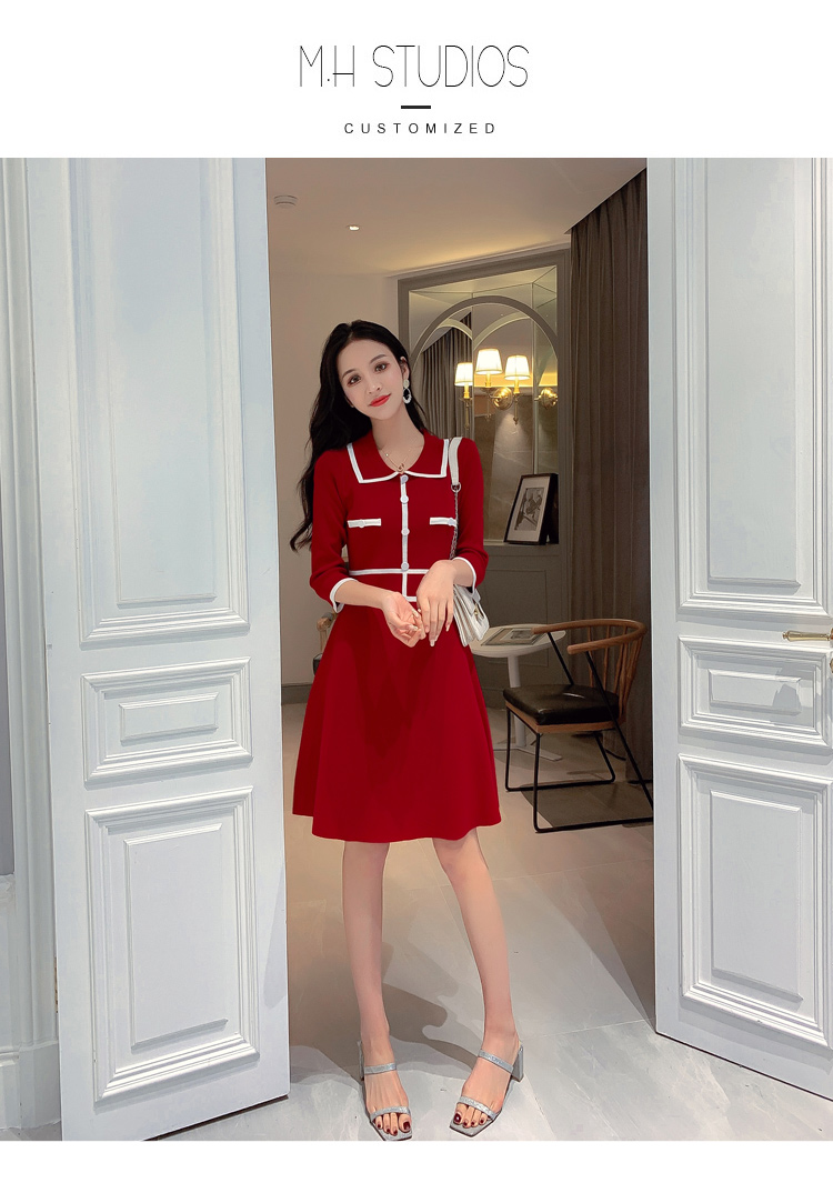 VK旗艦店 韓國復古小香風收腰針織七分長袖洋裝