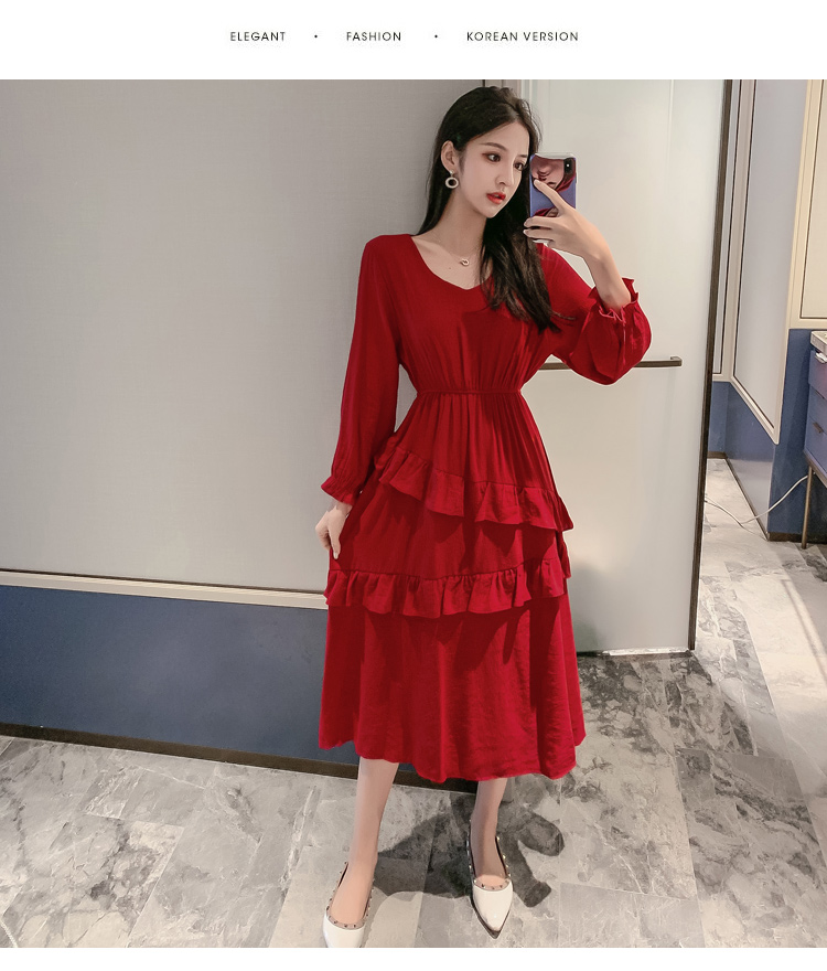 VK旗艦店 韓國風超仙收腰顯瘦荷葉邊蛋糕長版長袖洋裝