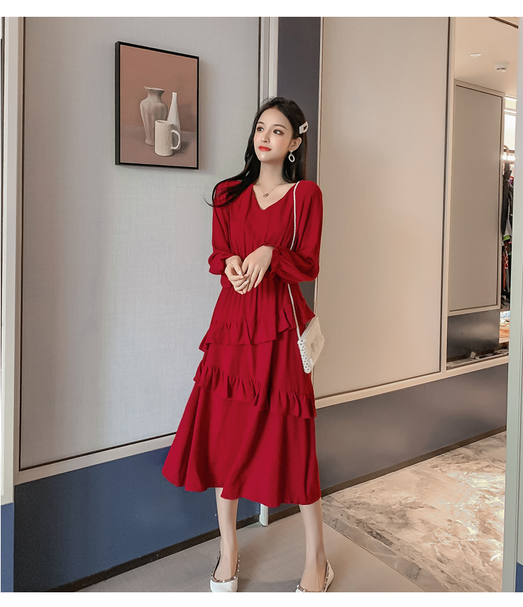VK旗艦店 韓國風超仙收腰顯瘦荷葉邊蛋糕長版長袖洋裝