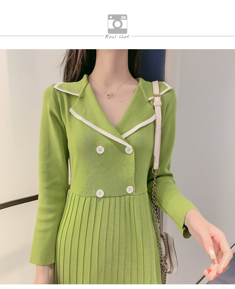 VK旗艦店 韓系西裝領收腰小香風百褶針織長袖洋裝