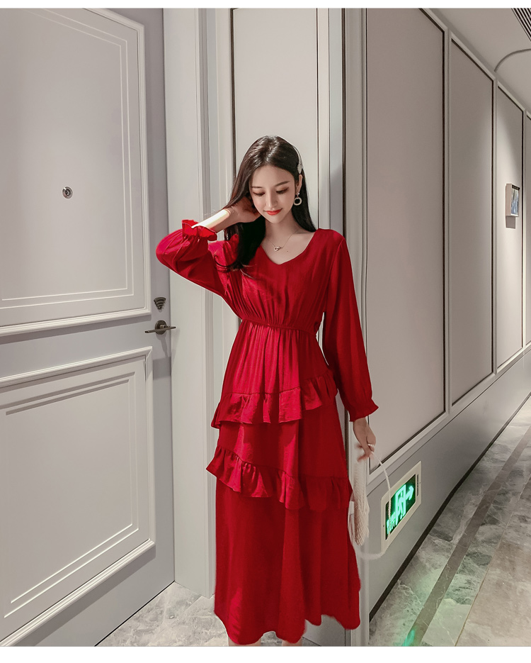 VK旗艦店 韓國風超仙收腰顯瘦荷葉邊蛋糕長版長袖洋裝