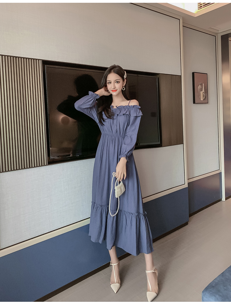 VK旗艦店 韓系超仙細肩帶一字領收腰長版顯瘦長袖洋裝