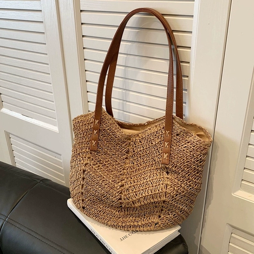 Соломенная пляжная вместительная и большая сумка через плечо