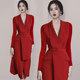 Long-sleeved big red dress women's high waist emcee dress mid-length knee-length early spring and autumn suit skirt Korean version