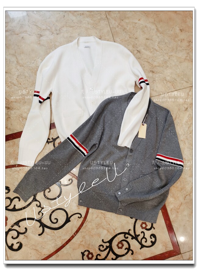 Italian-made men's tb21 autumn and winter new 100% cotton double-arm colored stripes decorated cardigan sweater two colors