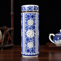 Blue and white porcelain cup Jingdezhen all-ceramic thermos cup Ceramic liner double-layer cup Mens and womens office car tea cup