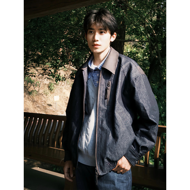 Men's Spring Jacket with Denim and Pu Leather Patchwork, American Retro Style, Original Color Denim, Short Workwear Jacket