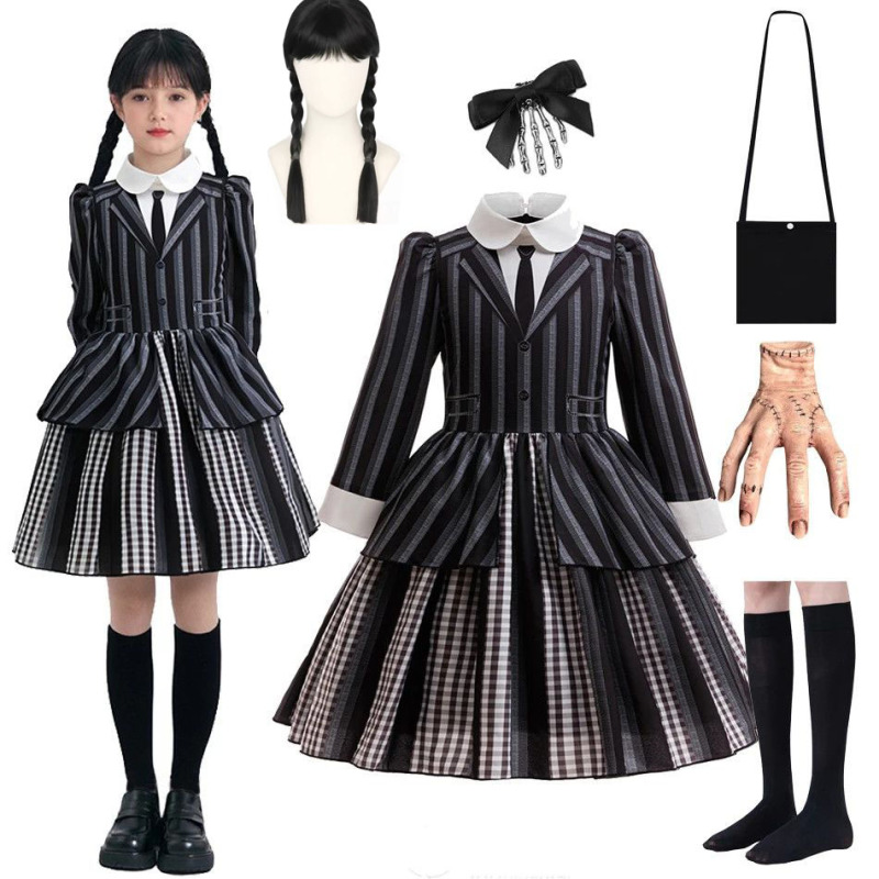 Popular European and American Girls' Cosplay Wednesday Addams Striped Coat Party Outfit Dress Popular European and American Girls' Cosplay Wednesday Addams Striped Coat Party Outfit Dress