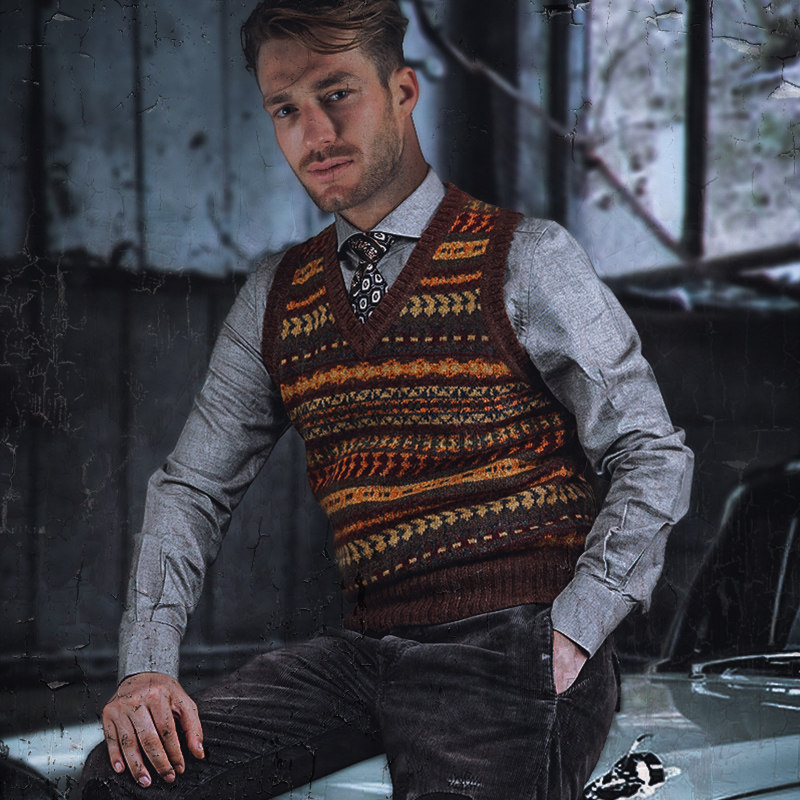 English Style Retro Military Green Rhombus Set Lanfer Island Sheep Sweater Knitted Jacket Head Vest Man Sleeveless Vest