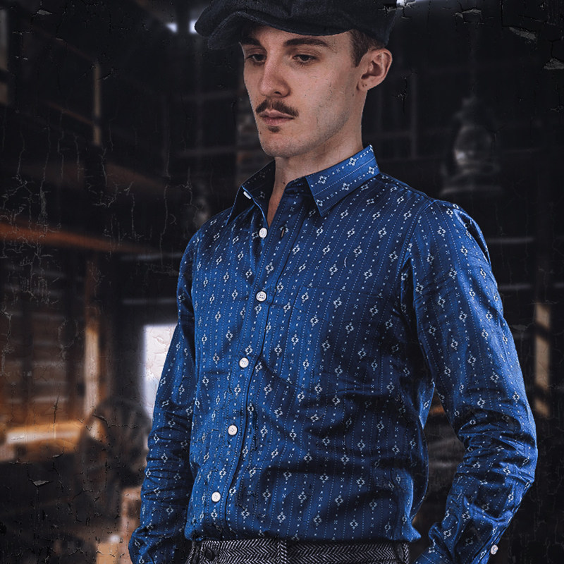 Pick Up Leak * American Southwest Pure Cotton Fabric Striped Retro Printed Blouse Blue Long Sleeve Casual Click man