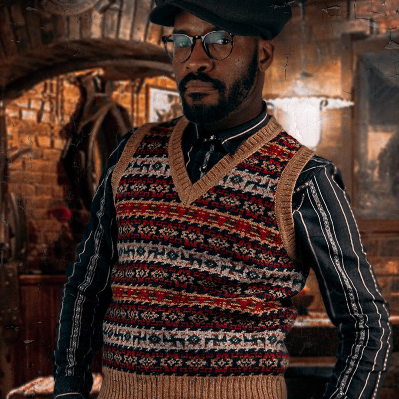 English Style Retro Western Bulldog Set to Lanfer Island pure sheep sweater knit headwear vest men