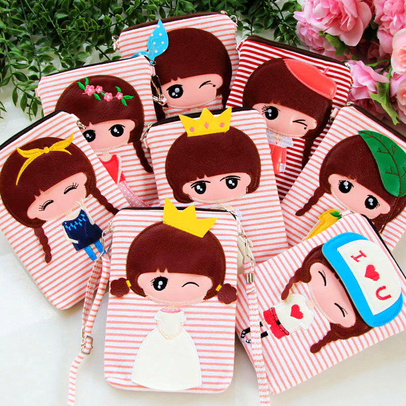 Korean Version Cartoon Cute Fashion Canvas Art Striped Children Small Slanted Satchel Bag Little Girl Bag Zero Money Bag Mobile Phone Bag