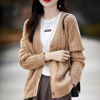 2025 new pure wool sweater cardigan sweater jacket women's v-neck autumn new loose cashmere sweater