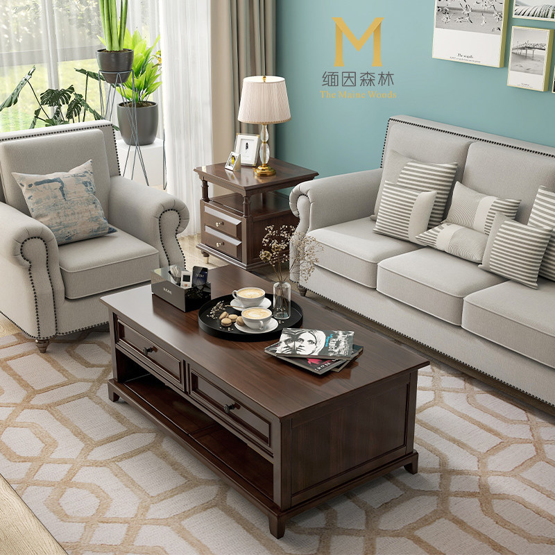 American tea table solid wood living room TV cabinet combination low cabinet white wax wood simple beauty and small beauty water-based paint drawer Burmese