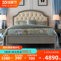 Master bedroom grey leather bed minimalist modern wind bed genuine leather American high-end atmosphere light luxury style full solid wood 2022