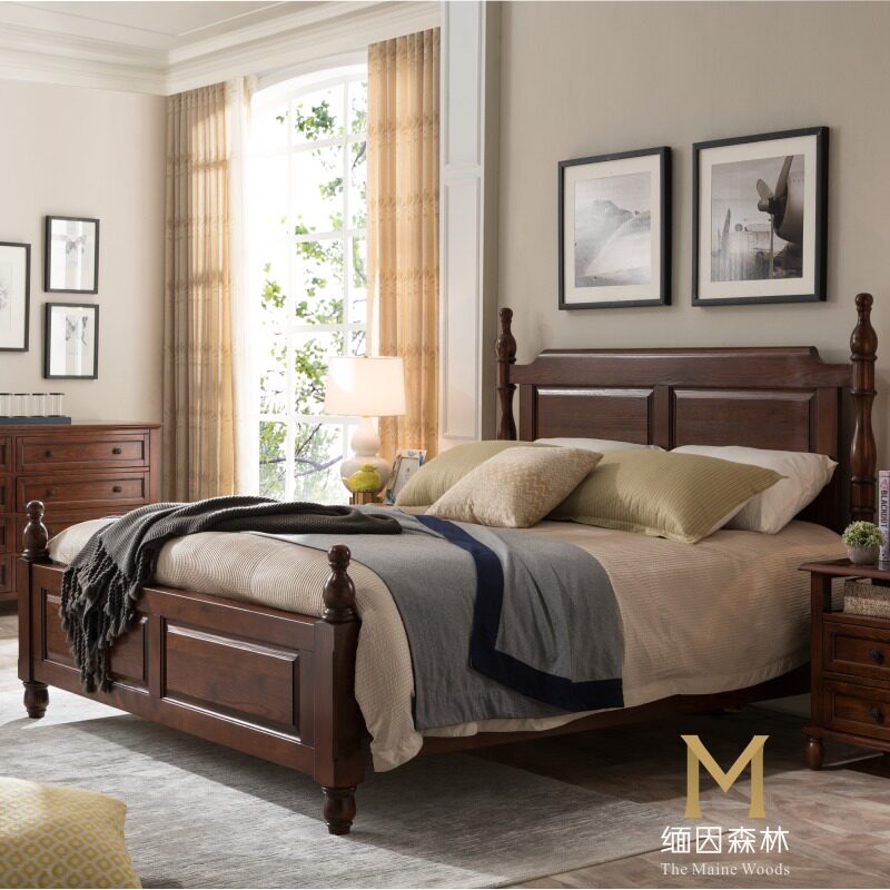 King Bed American Large Bed Whole Solid Wood Double Man Bed White Wax Wood Main Sleeper Wedding Bed Simple Beauty American Bed Maine Forest-Taobao