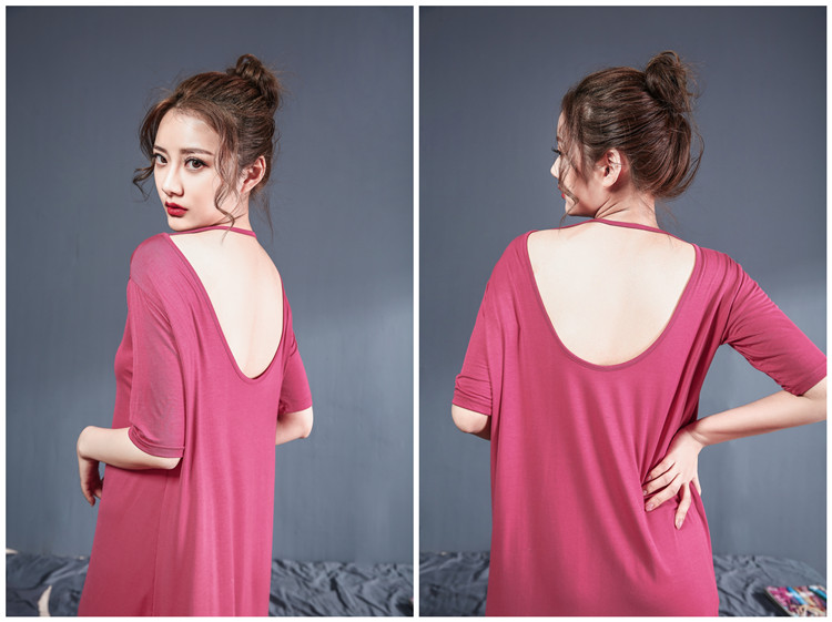 Áo dài cách tân nữ mùa hè ngắn tay gợi cảm dây buộc dây cỡ lớn đồ ngủ một mảnh rời Hàn Quốc của modal cotton nhà đầm dài qua gối cho tuổi trung niên