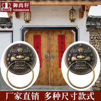 Pure brass lion head door ring Chinese antique animal head wooden door handle Temple ancient building gate unicorn copper handle